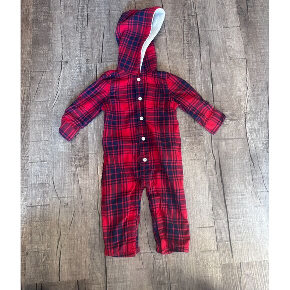 OshKosh Baby Boy Plaid Hooded Romper 12M Red Blue One Piece Outfit - Picture 1 of 3